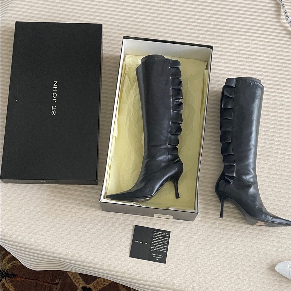 St. John Napa leather heeled ruffle boots black gold